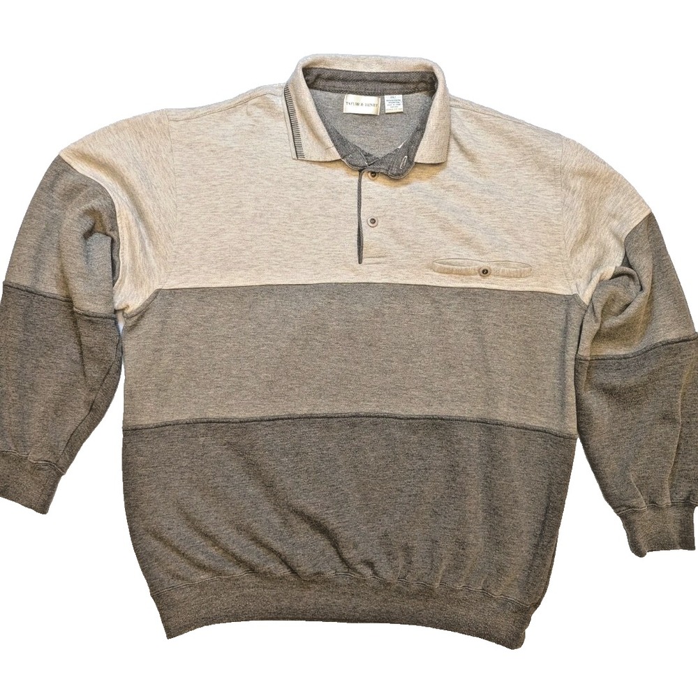 Taylor & Henry 2XLT Long Sleeve Colorblock Polo Sweatshirt Pullover Gray Striped